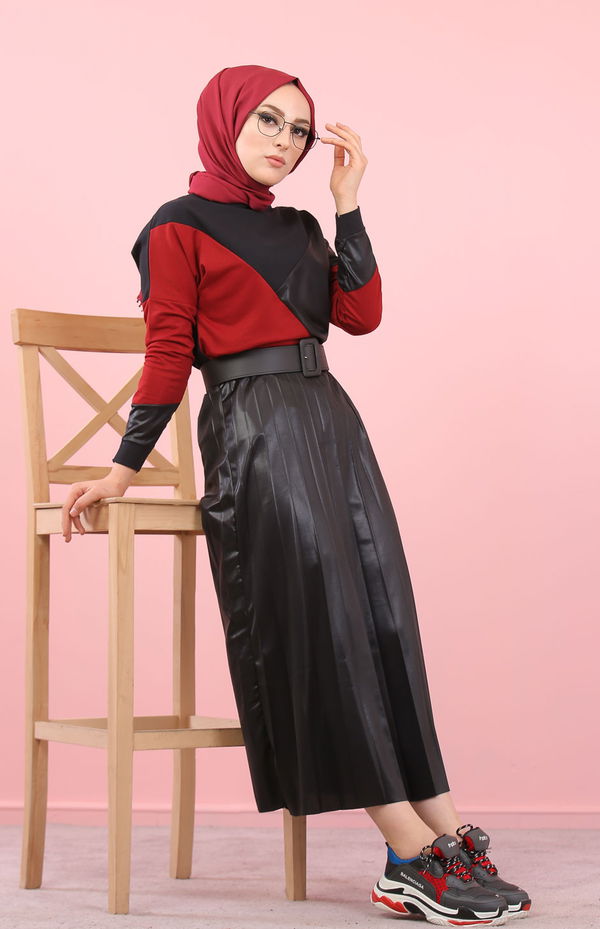 Plise Bluz Etek Siyah Bordo Siyah - 8311 SİYAH