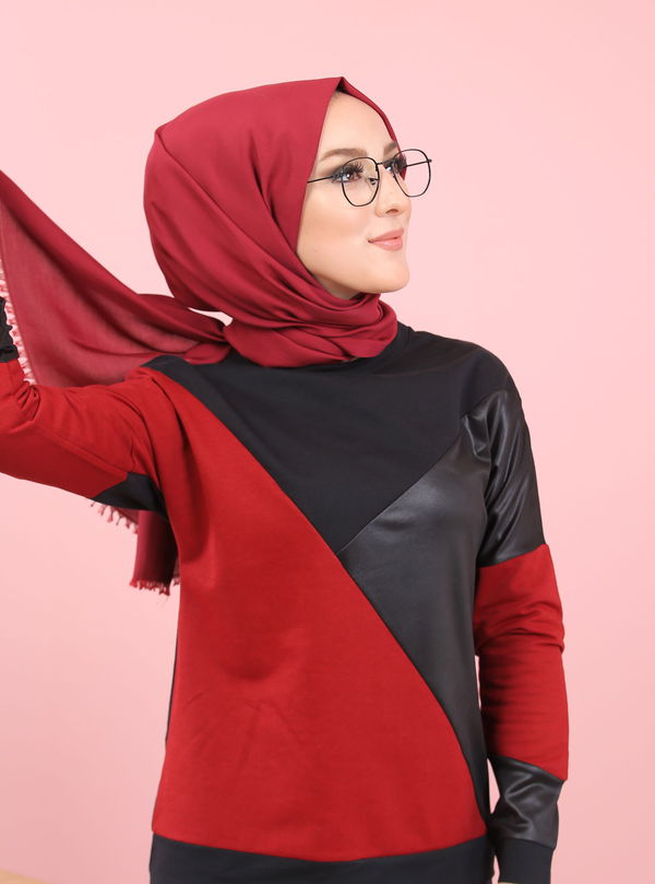 Plise Bluz Etek Siyah Bordo Siyah - 8311 SİYAH