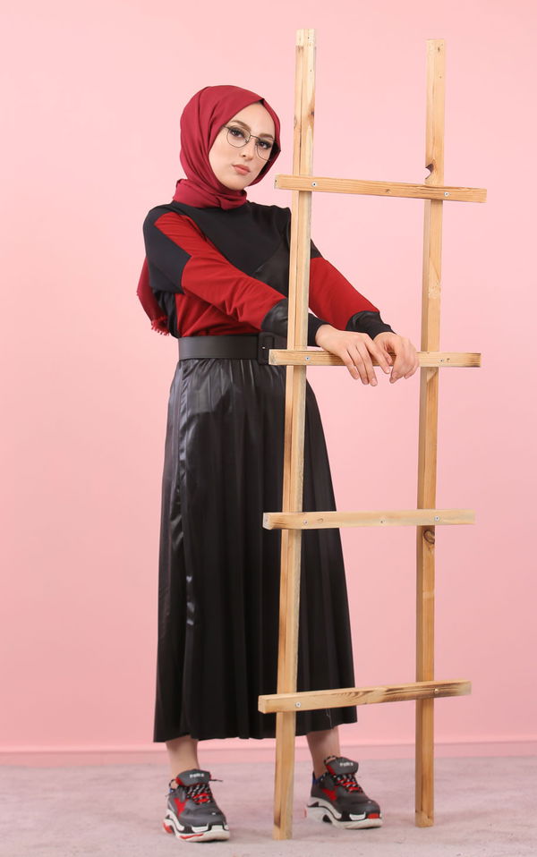 Plise Bluz Etek Siyah Bordo Siyah - 8311 SİYAH