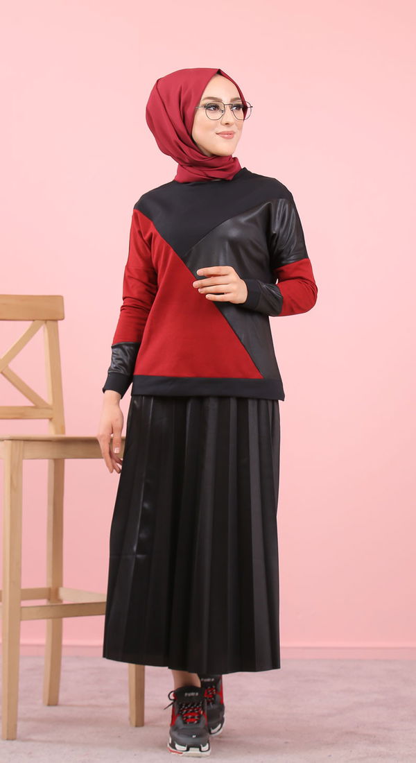 Plise Bluz Etek Siyah Bordo Siyah - 8311 SİYAH