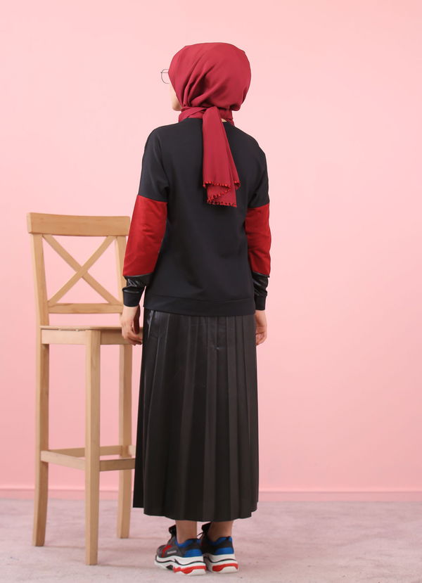 Plise Bluz Etek Siyah Bordo Siyah - 8311 SİYAH