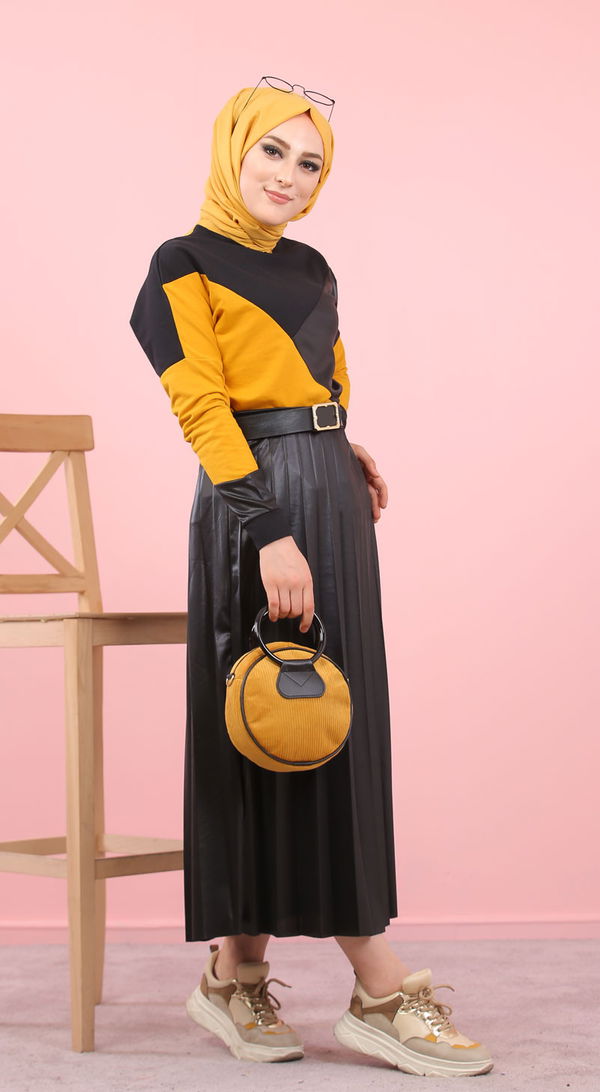 Plise Bluz Etek Siyah Bordo Siyah - 8311
