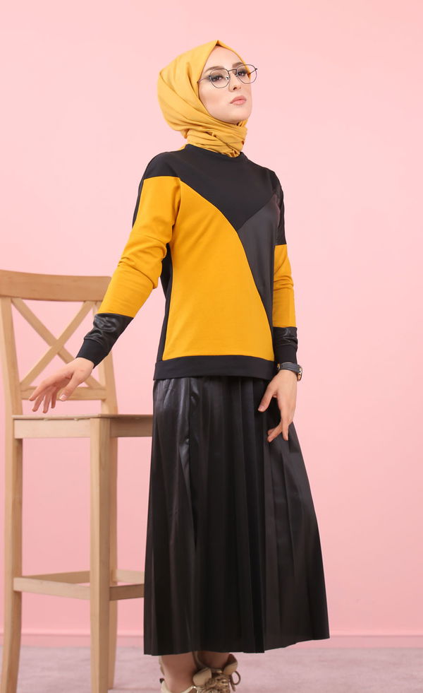 Plise Bluz Etek Siyah Bordo Siyah - 8311