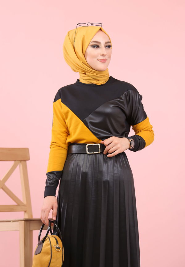 Plise Bluz Etek Siyah Bordo Siyah - 8311