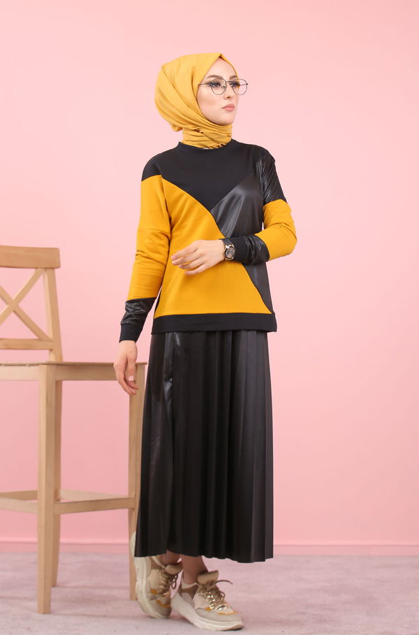 Plise Bluz Etek Siyah Bordo Siyah - 8311