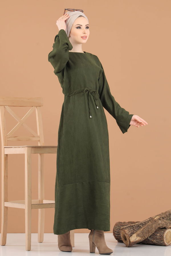8419 KADİFE ELBİSE Haki - 8419