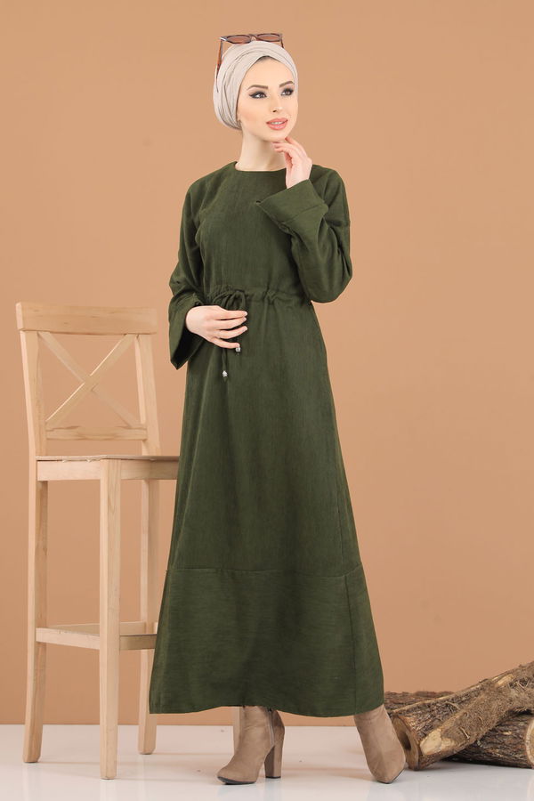 8419 KADİFE ELBİSE Haki - 8419