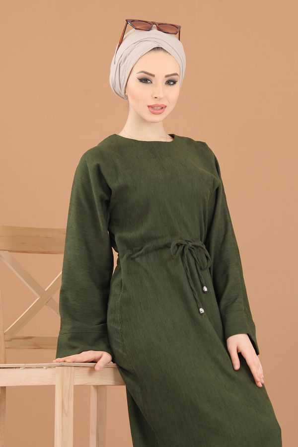 8419 KADİFE ELBİSE Haki - 8419