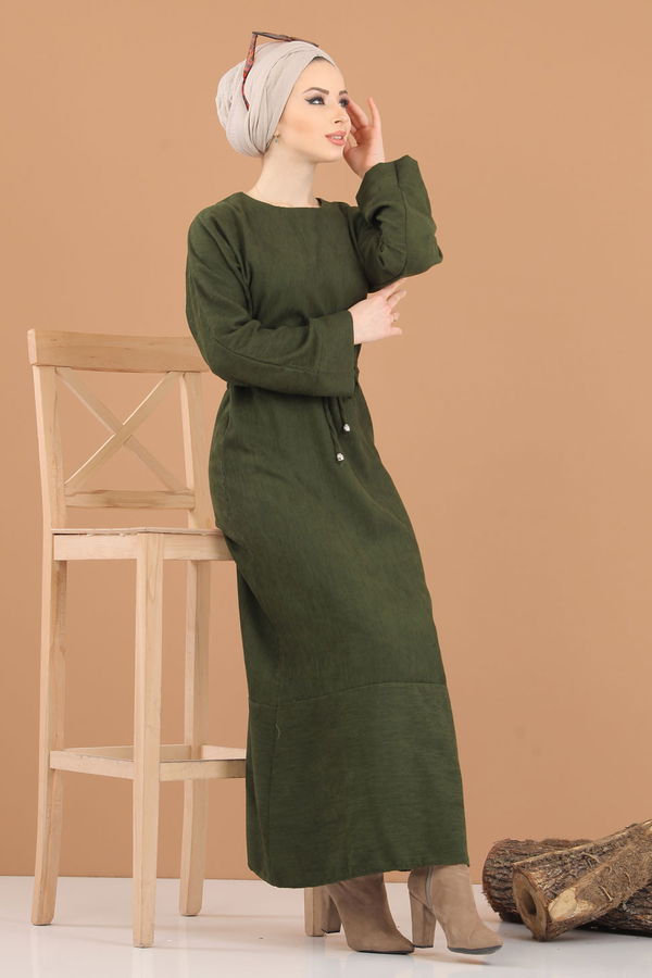 8419 KADİFE ELBİSE Haki - 8419