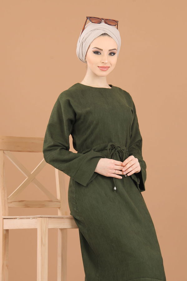 8419 KADİFE ELBİSE Haki - 8419