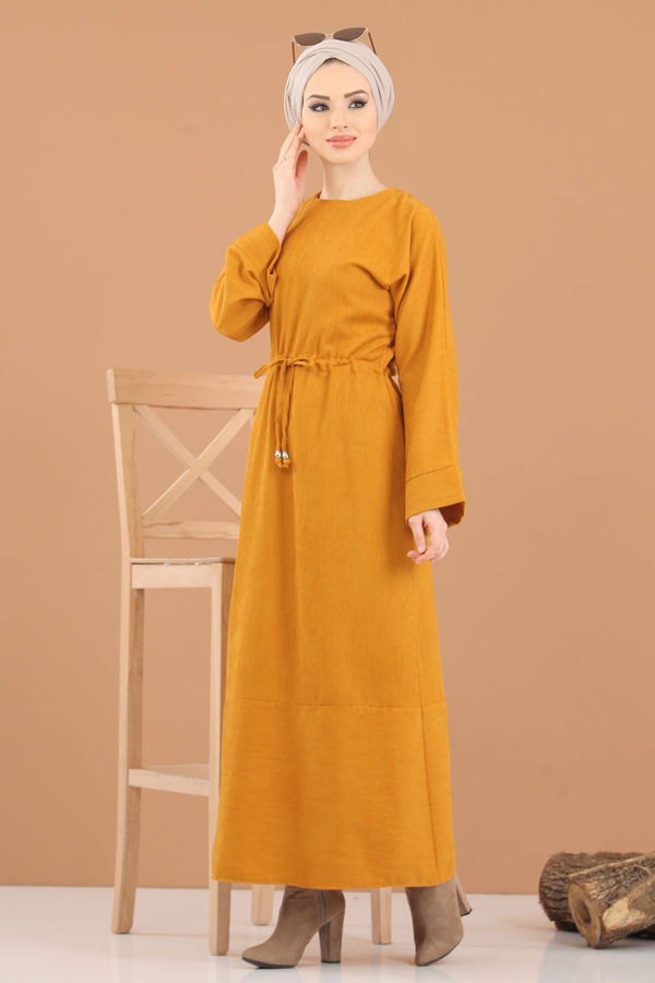 8419 KADİFE ELBİSE Sarı - 8419