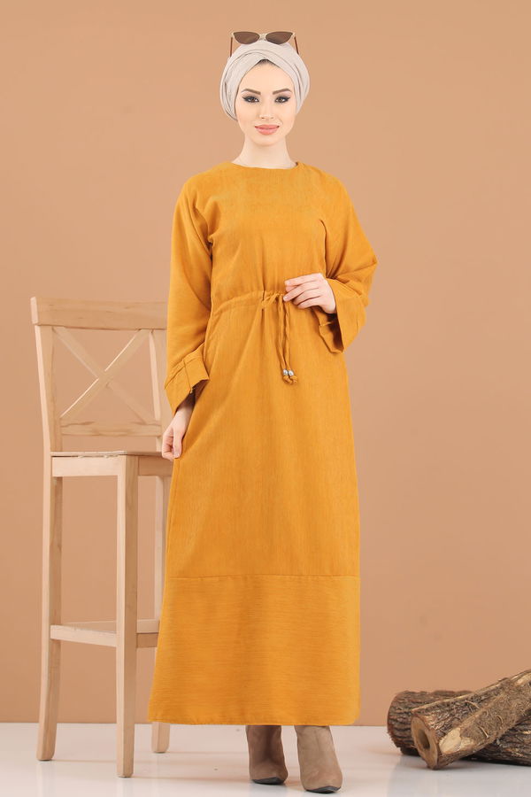 8419 KADİFE ELBİSE Sarı - 8419