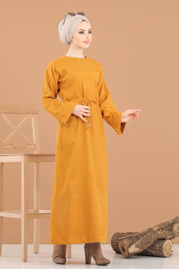 8419 KADİFE ELBİSE Sarı - 8419