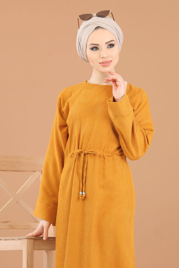 8419 KADİFE ELBİSE Sarı - 8419