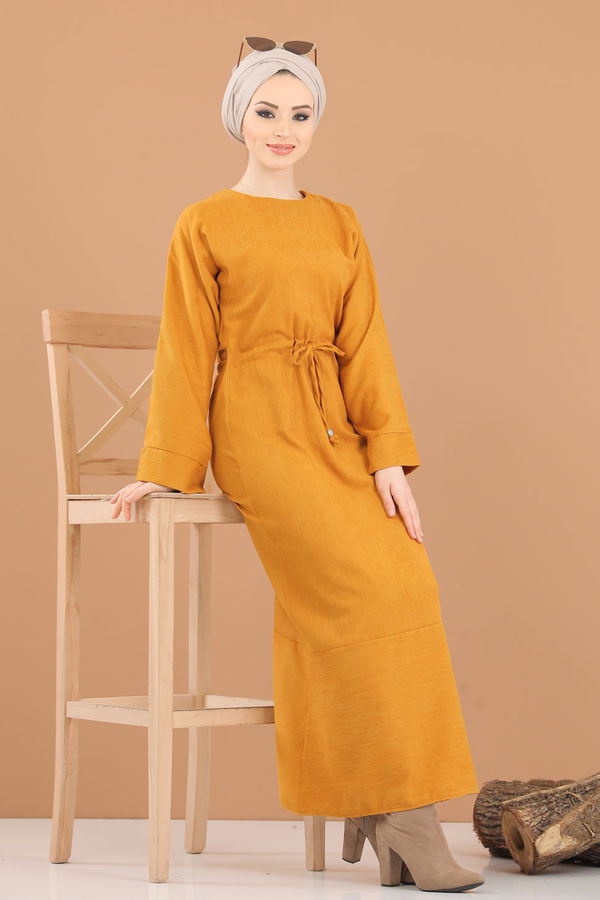 8419 KADİFE ELBİSE Sarı - 8419