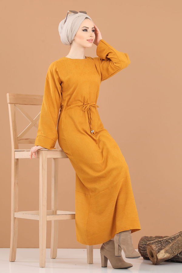 8419 KADİFE ELBİSE Sarı - 8419