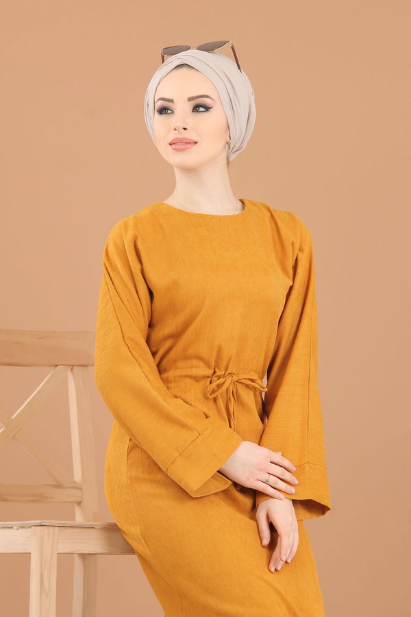 8419 KADİFE ELBİSE Sarı - 8419