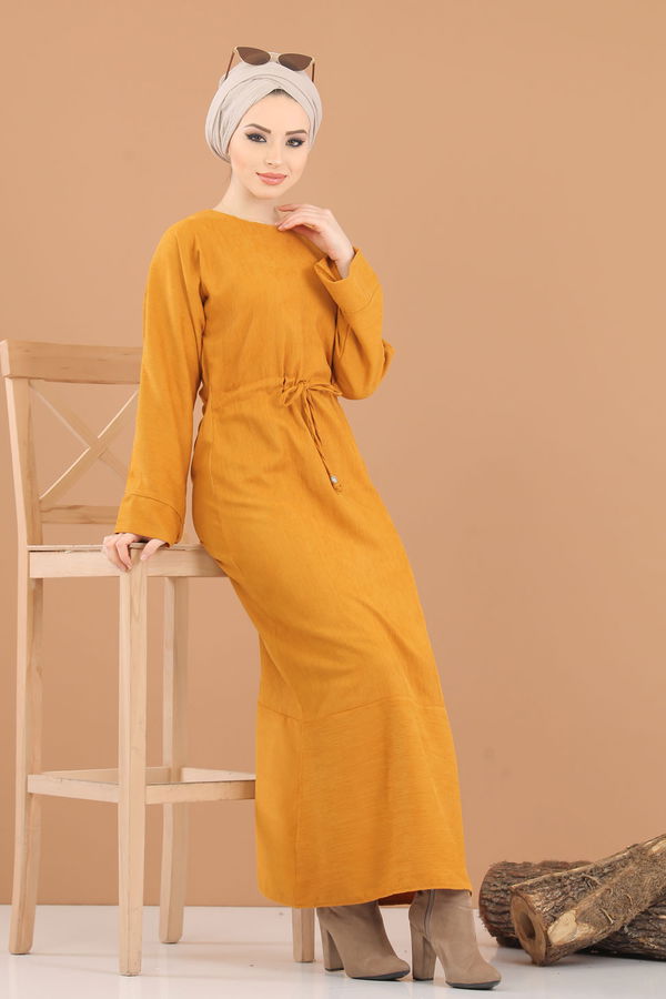 8419 KADİFE ELBİSE Sarı - 8419