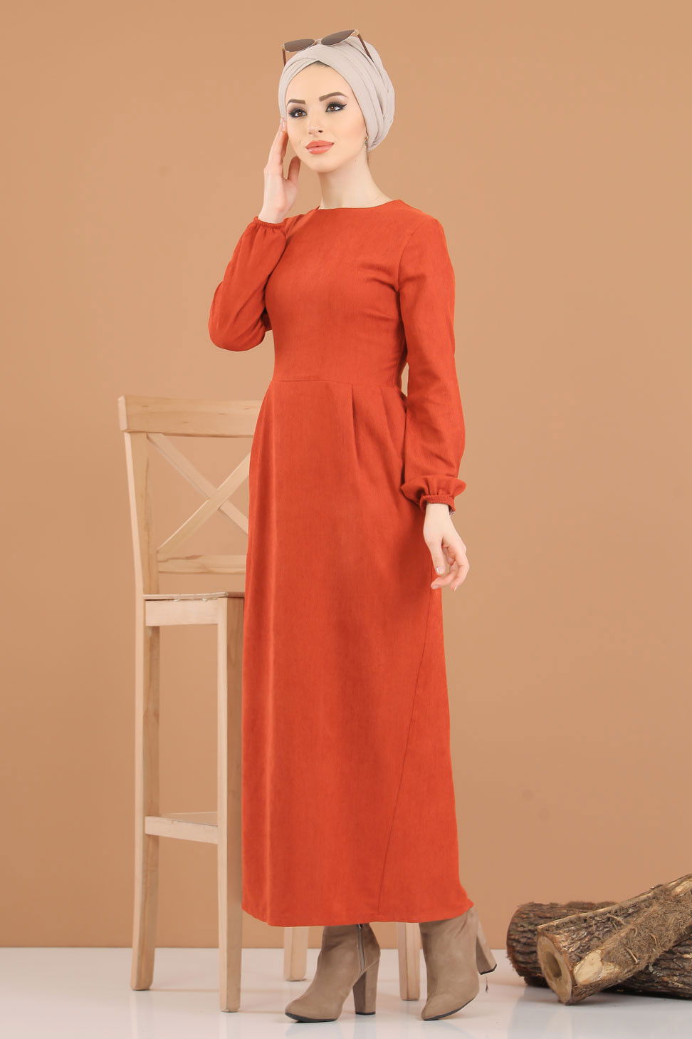 8419 KADİFE ELBİSE Kiremit - 8419