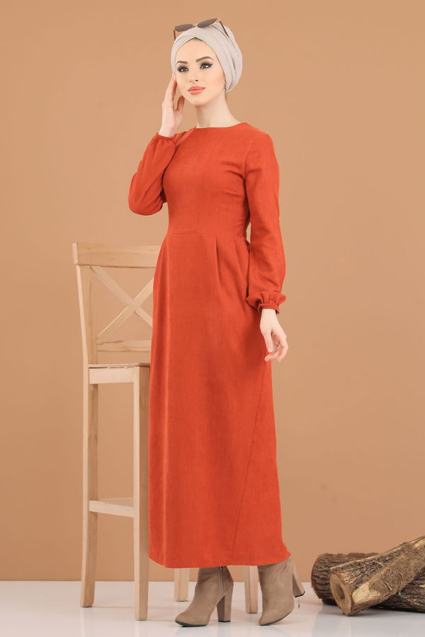 8419 KADİFE ELBİSE Kiremit - 8419