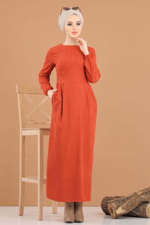 8419 KADİFE ELBİSE Kiremit - 8419