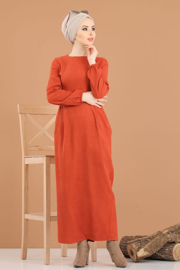 8419 KADİFE ELBİSE Kiremit - 8419