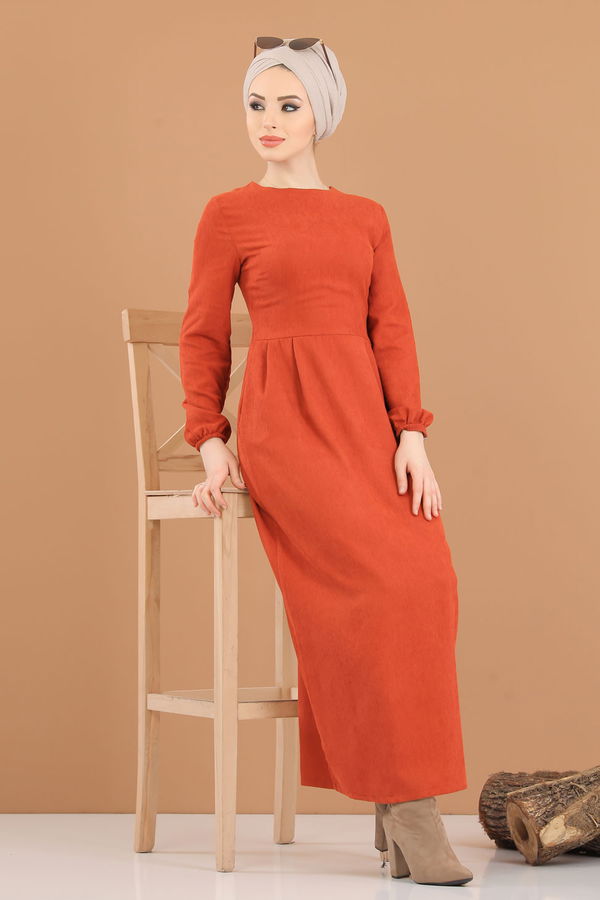 8419 KADİFE ELBİSE Kiremit - 8419