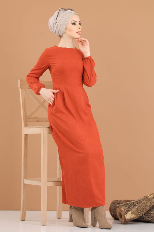 8419 KADİFE ELBİSE Kiremit - 8419