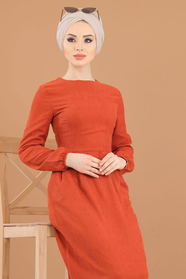 8419 KADİFE ELBİSE Kiremit - 8419