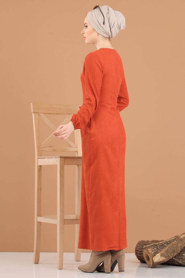 8419 KADİFE ELBİSE Kiremit - 8419