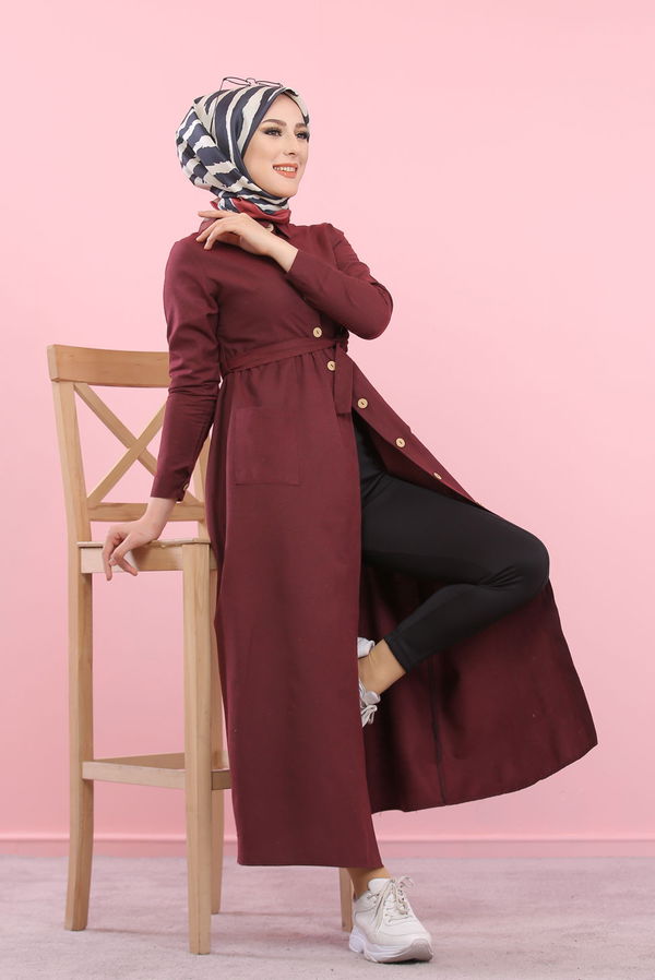 8357 CEPLİ YELEK ELBİSE Bordo - 8357 BORDO