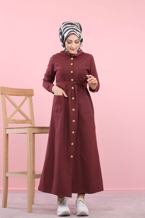 8357 CEPLİ YELEK ELBİSE Bordo - 8357 BORDO