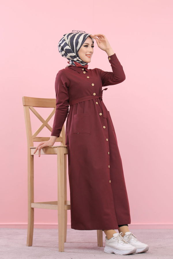 8357 CEPLİ YELEK ELBİSE Bordo - 8357 BORDO