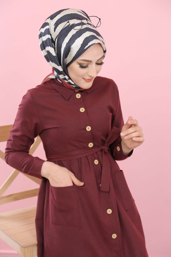 8357 CEPLİ YELEK ELBİSE Bordo - 8357 BORDO