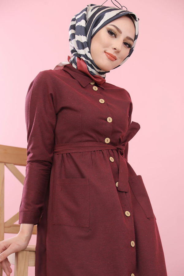 8357 CEPLİ YELEK ELBİSE Bordo - 8357 BORDO