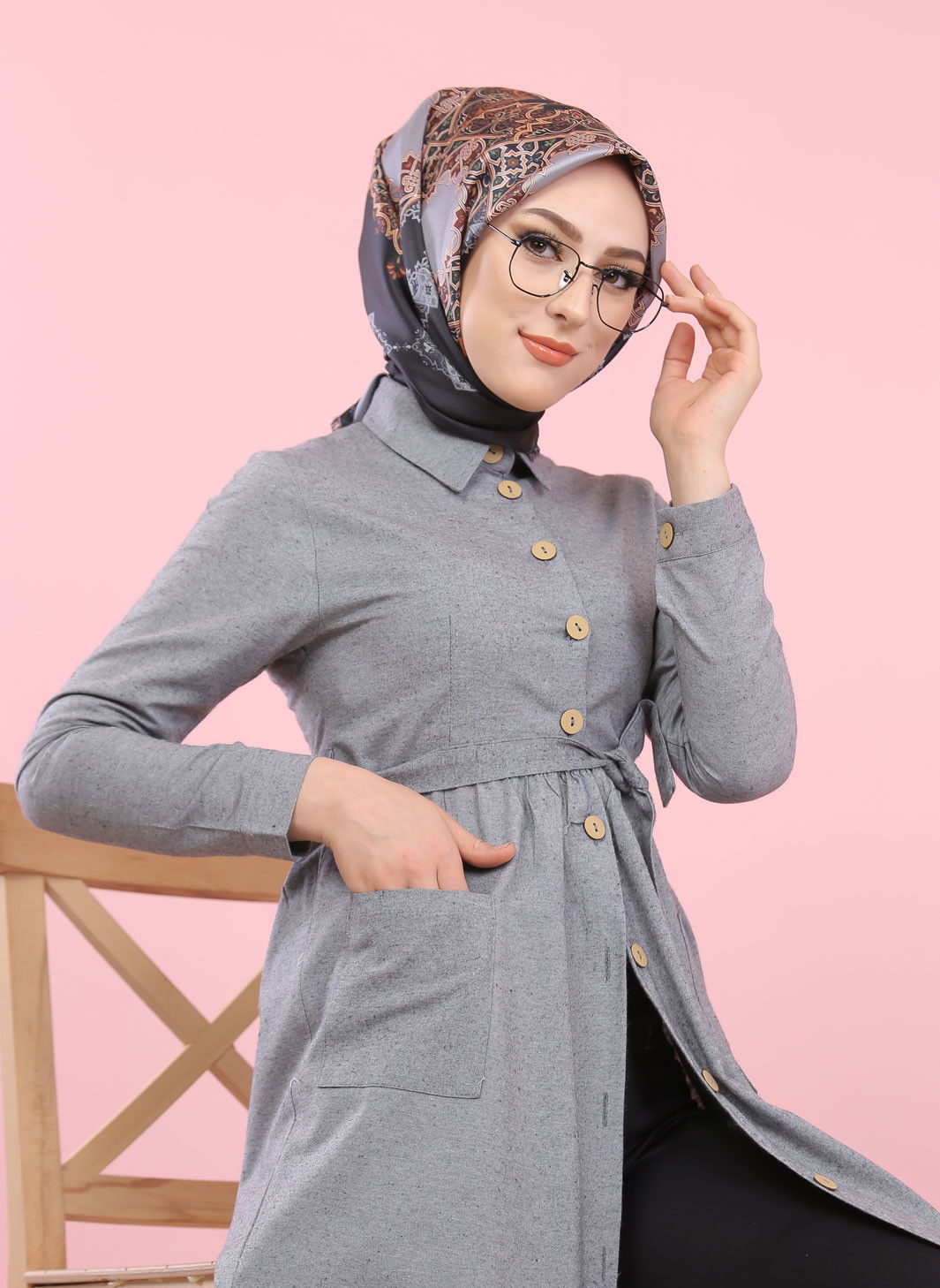 8357 CEPLİ YELEK ELBİSE Gri - 8357 GRİ