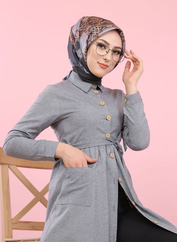 8357 CEPLİ YELEK ELBİSE Gri - 8357 GRİ