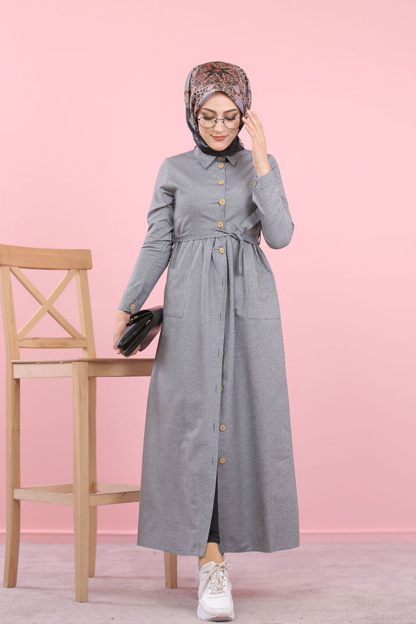 8357 CEPLİ YELEK ELBİSE Gri - 8357 GRİ