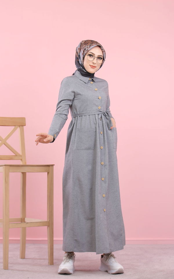 8357 CEPLİ YELEK ELBİSE Gri - 8357 GRİ