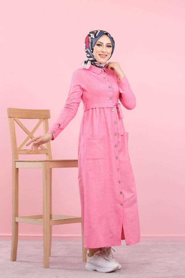 8357 CEPLİ YELEK ELBİSE Pembe - 8357 PEMBE
