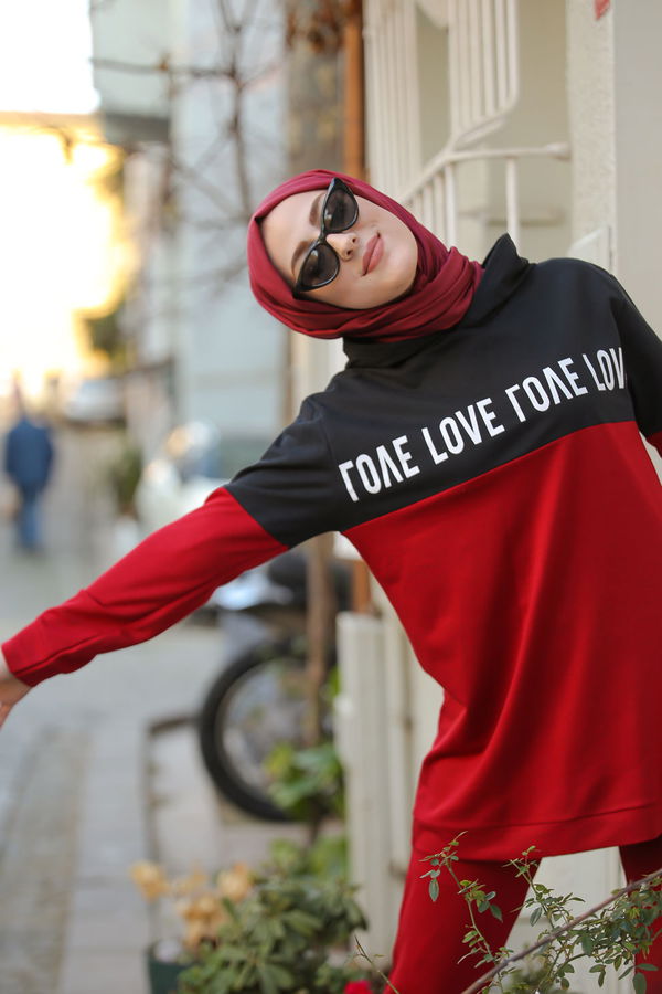 8397 LOVE BASKILI TUNİK PANTOLON Bordo - 8397