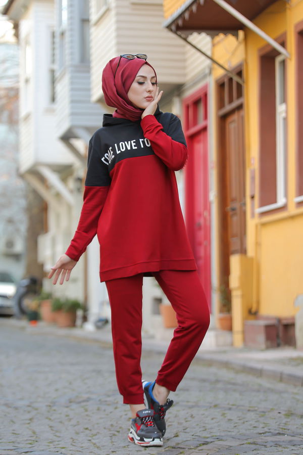 8397 LOVE BASKILI TUNİK PANTOLON Bordo - 8397