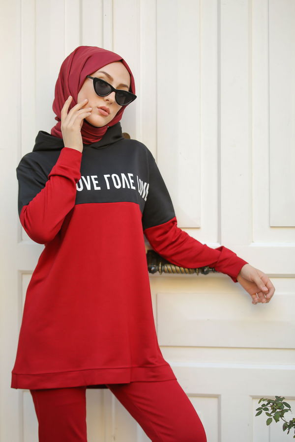 8397 LOVE BASKILI TUNİK PANTOLON Bordo - 8397