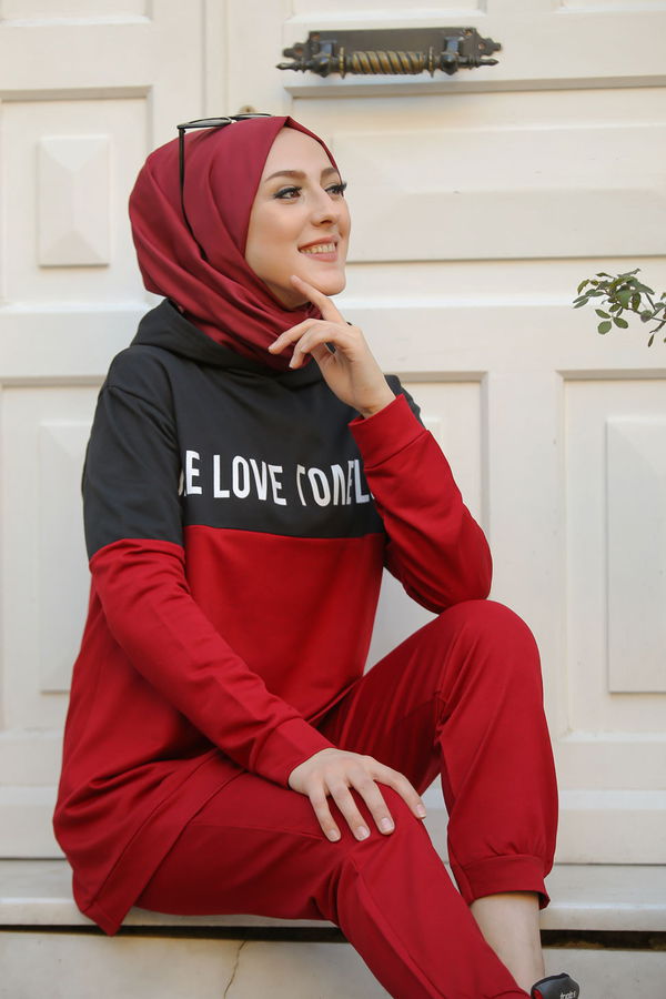 8397 LOVE BASKILI TUNİK PANTOLON Bordo - 8397