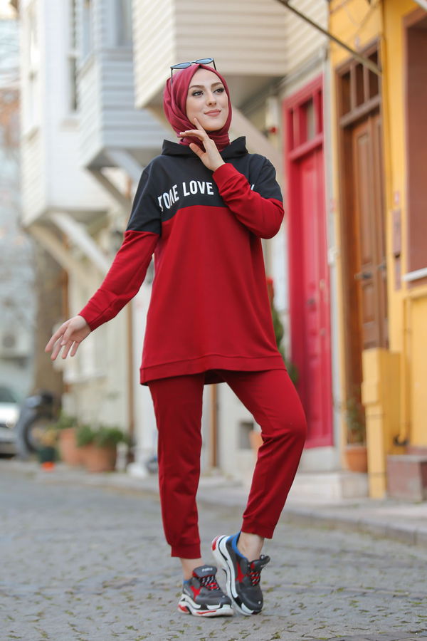 8397 LOVE BASKILI TUNİK PANTOLON Bordo - 8397