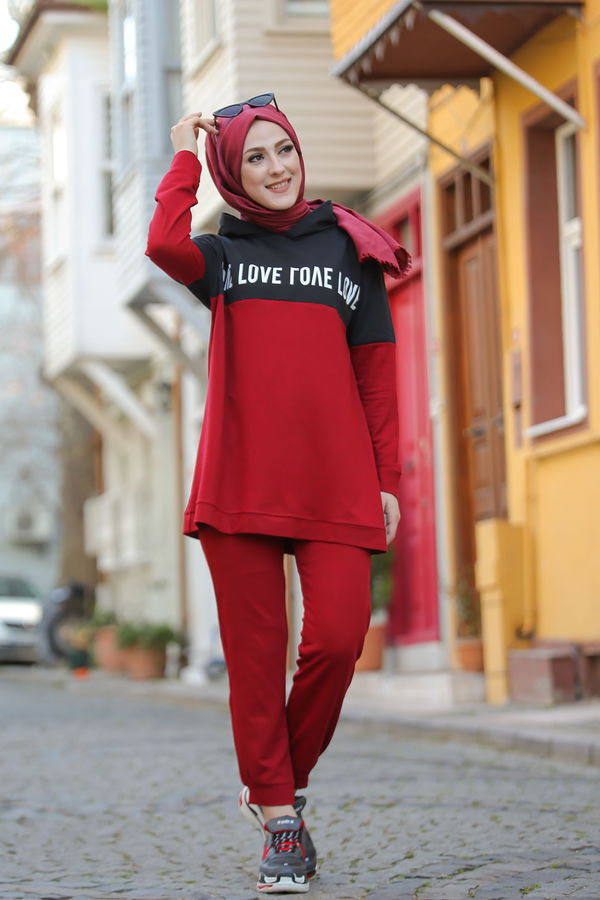 8397 LOVE BASKILI TUNİK PANTOLON Bordo - 8397