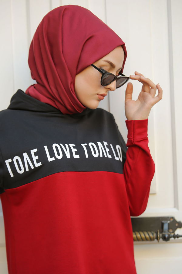 8397 LOVE BASKILI TUNİK PANTOLON Bordo - 8397