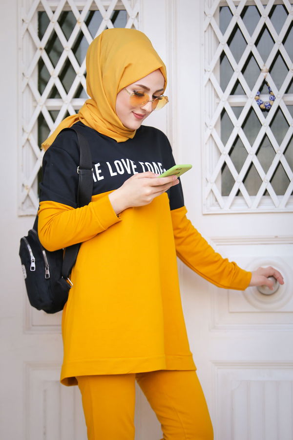 8397 LOVE BASKILI TUNİK PANTOLON Sarı - 8397