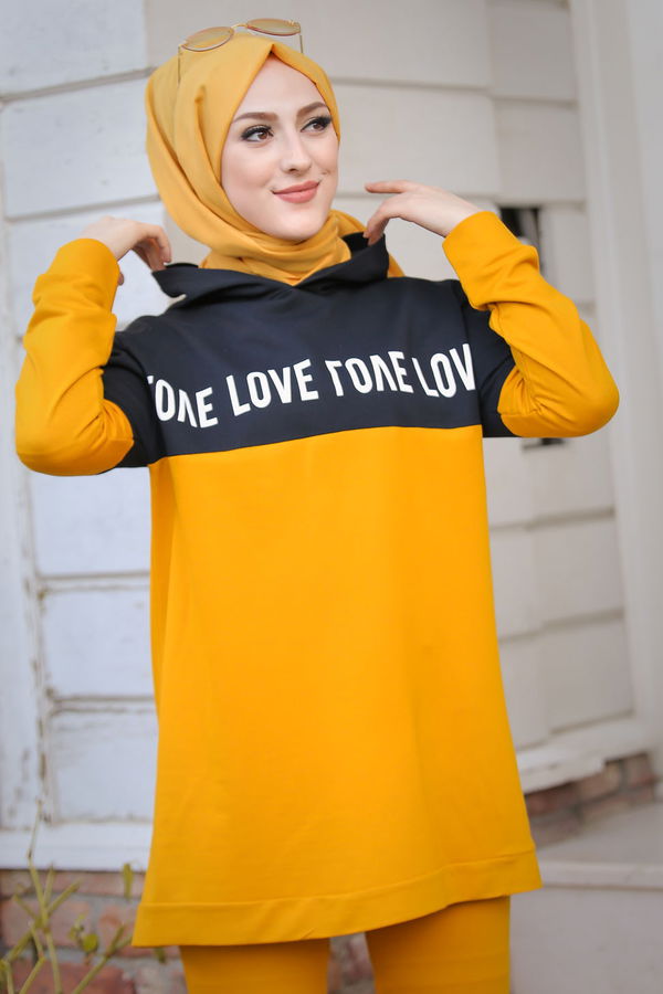 8397 LOVE BASKILI TUNİK PANTOLON Sarı - 8397