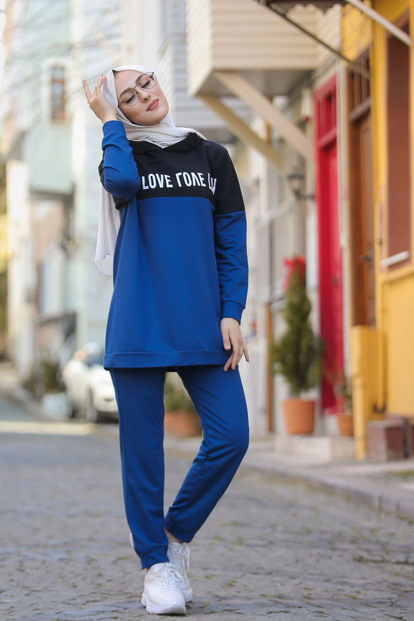 8397 LOVE BASKILI TUNİK PANTOLON Mavi - 8397 MAVİ